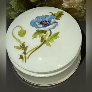 Vintage LIMOGES France Porcelain Trinket Box with Blue Floral Poppy Design
